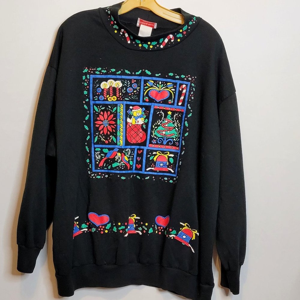 Vintage Christmas Sweatshirt Young Stuff Puffy Design Bright Colors Sz XL Black